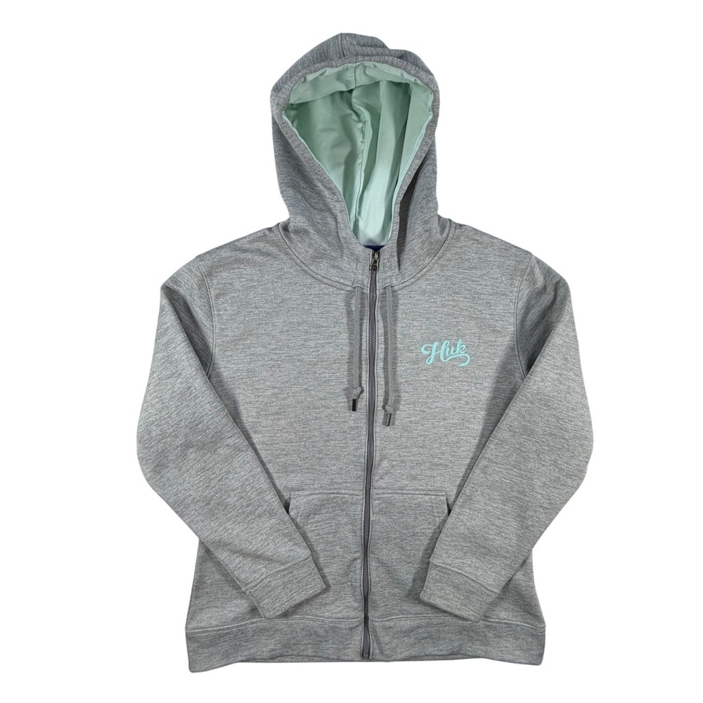 Huk Womens XL Gray Heathered Performance Full Zip Hoodie Sweatshirt Mint Lining
